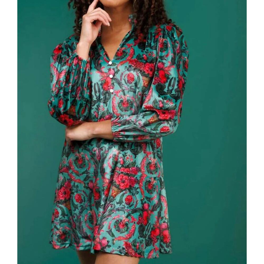 Smith & Quinn Dress Size S Green Pink Floral Velvet Darling Fruitcake Party